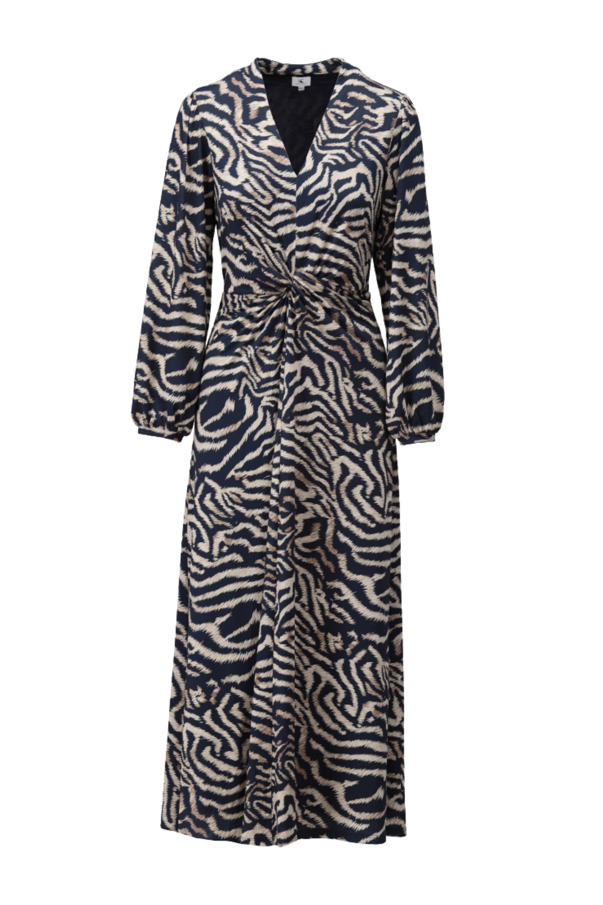 Zwarte maxi jurk met kleurrijke print van K-design, vloeiend model met lange mouwen en sierlijke details.