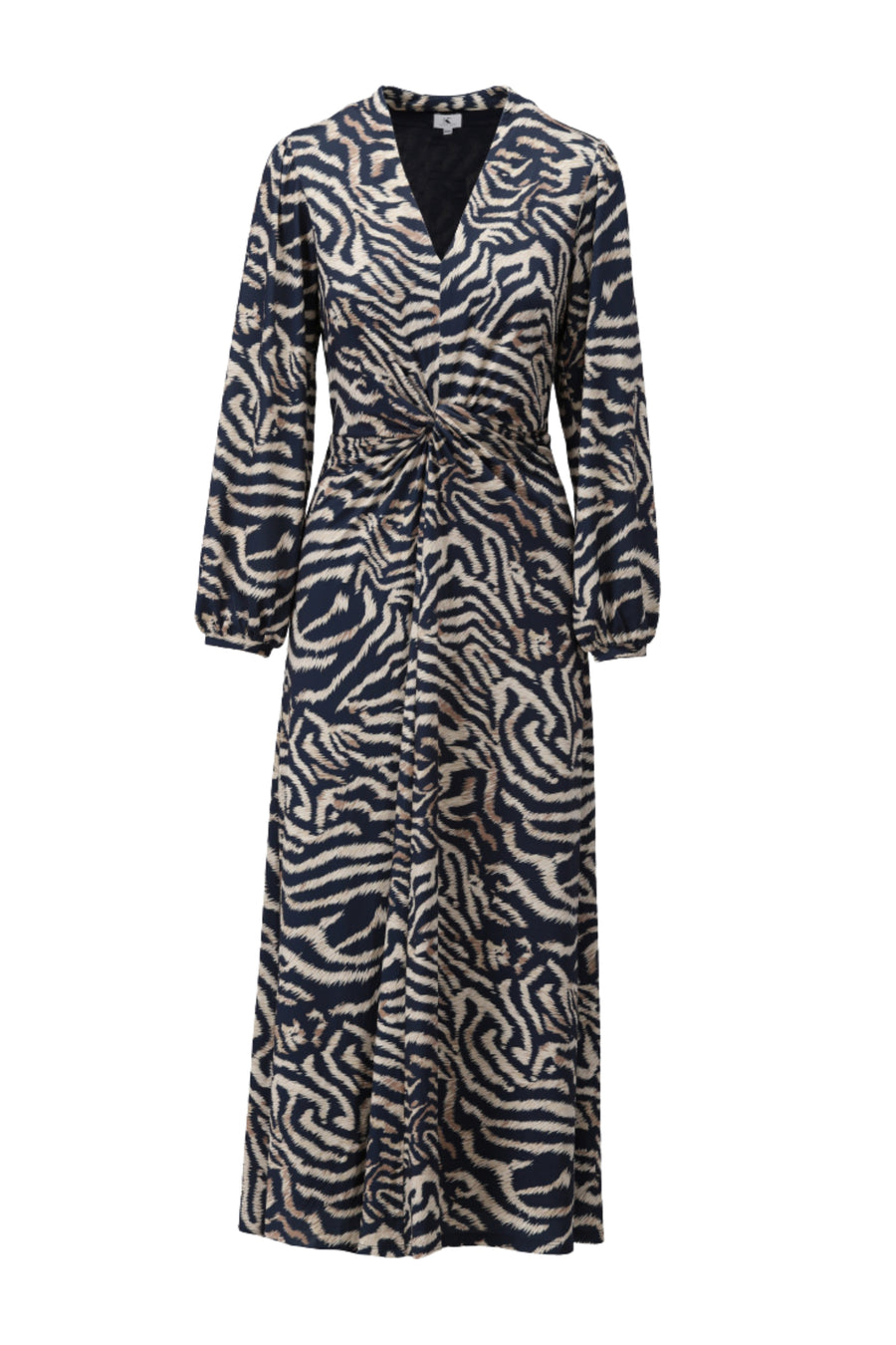 Zwarte maxi jurk met kleurrijke print van K-design, vloeiend model met lange mouwen en sierlijke details.