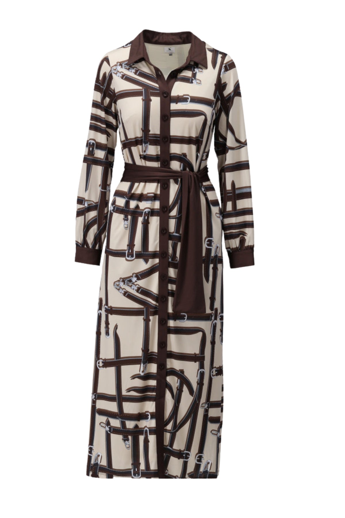 Lange maxi jurk met print van K-design, kleurrijk en vloeiend, perfect voor zomerse gelegenheden, zichtbaar op model.