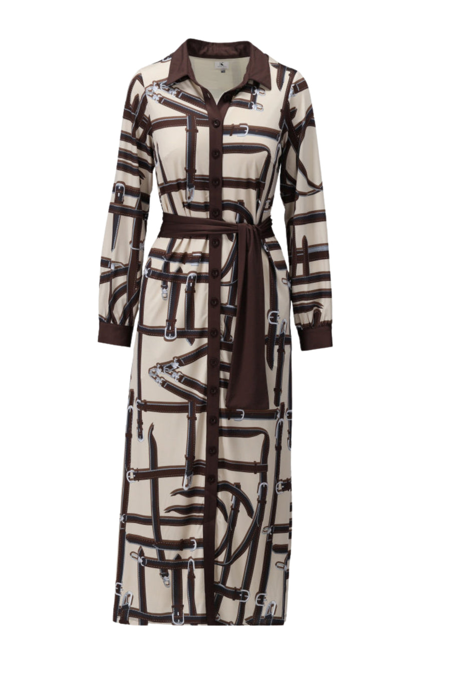 Lange maxi jurk met print van K-design, kleurrijk en vloeiend, perfect voor zomerse gelegenheden, zichtbaar op model.