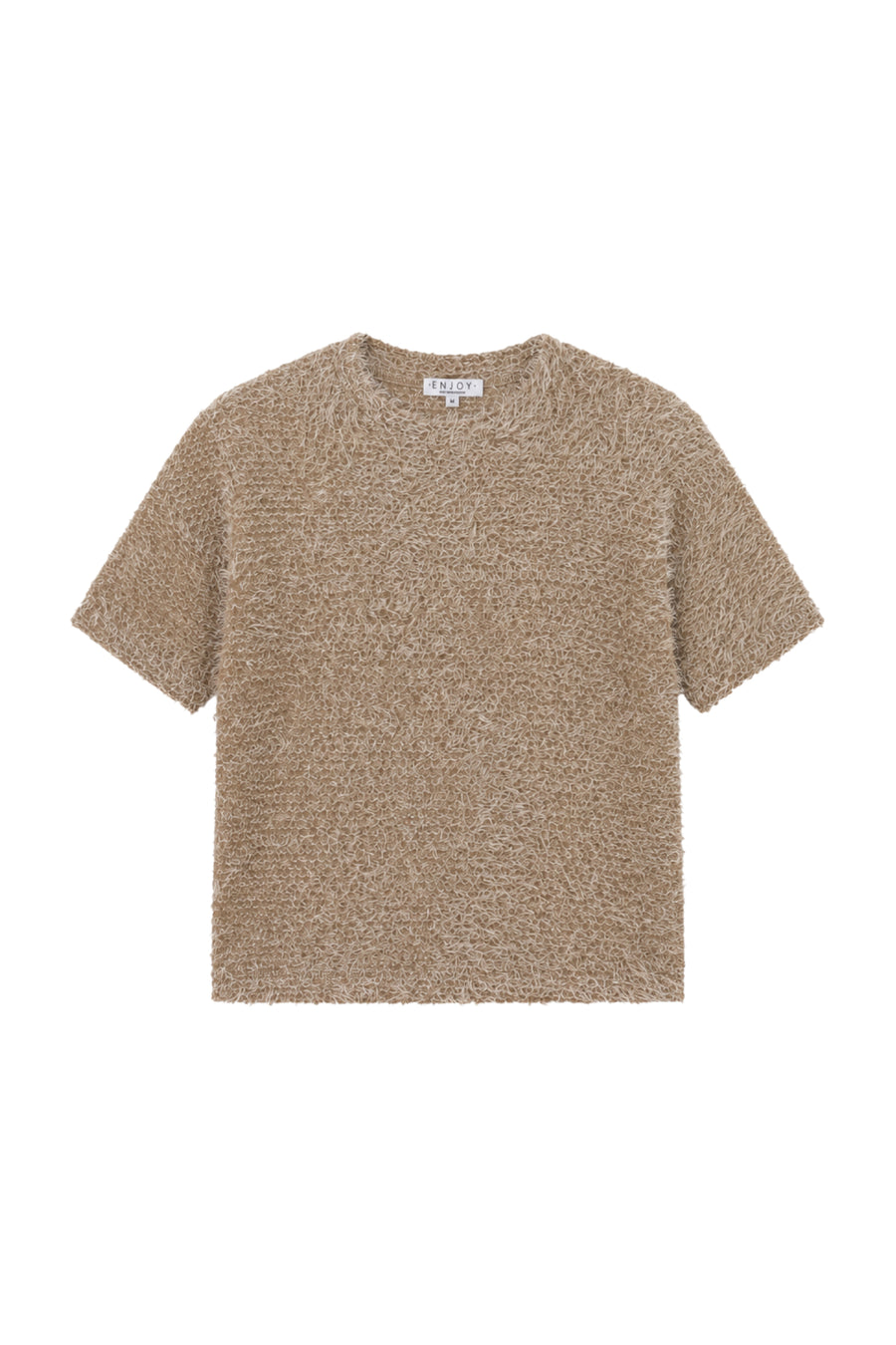 Fluffy taupe top van Enjoy, model Monique, met zachte textuur en losse pasvorm, zichtbaar op de afbeelding.