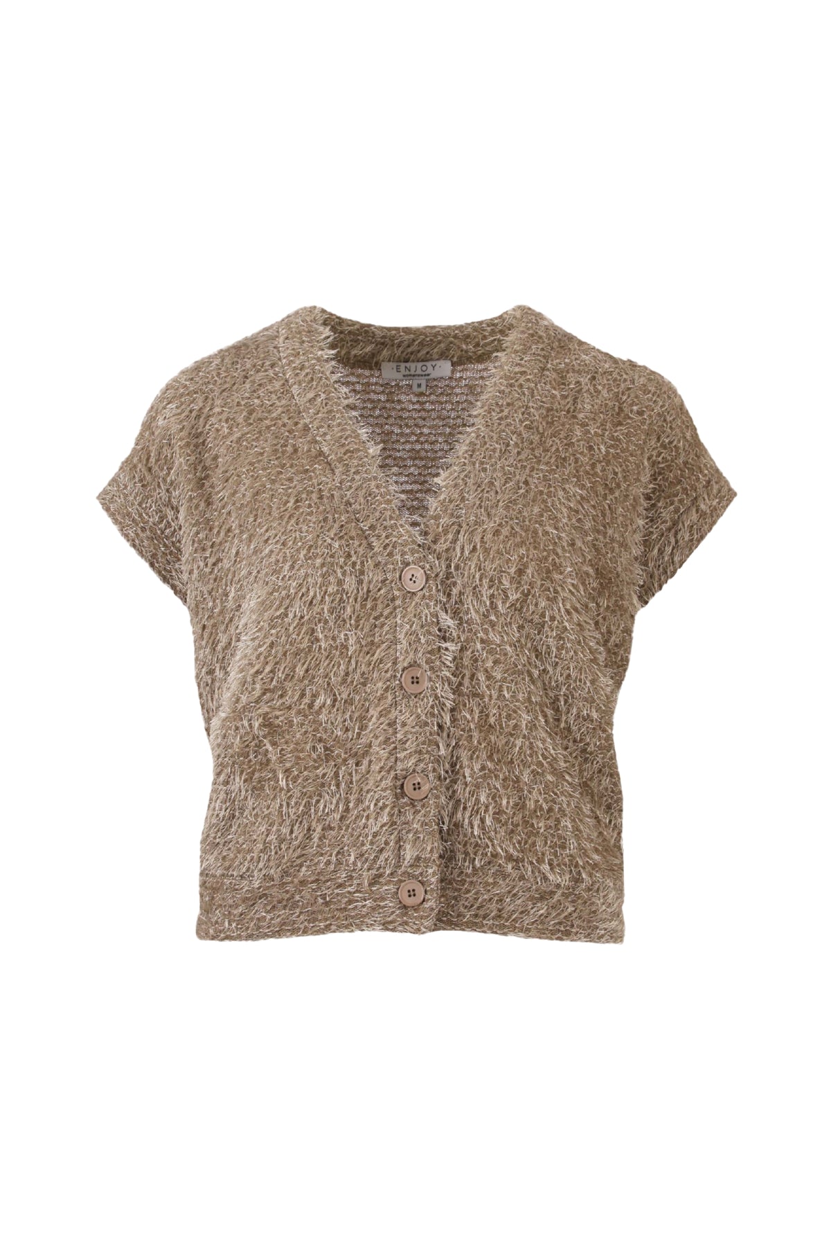 Taupe fluffy gilet van Enjoy, zachte en warme damesjas met kraag, gedragen door een model.