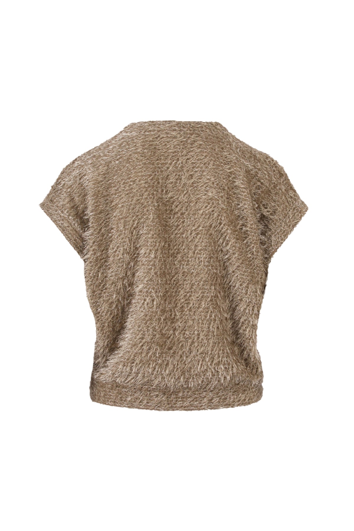 Taupe fluffy gilet van Enjoy met zachte textuur en warme uitstraling, gedragen door een model.