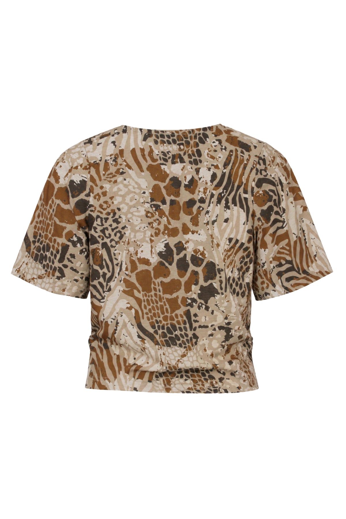 Damesblouse met dierenprint en strikdetail in zandkleur van Enjoy, zichtbaar op de afbeelding.