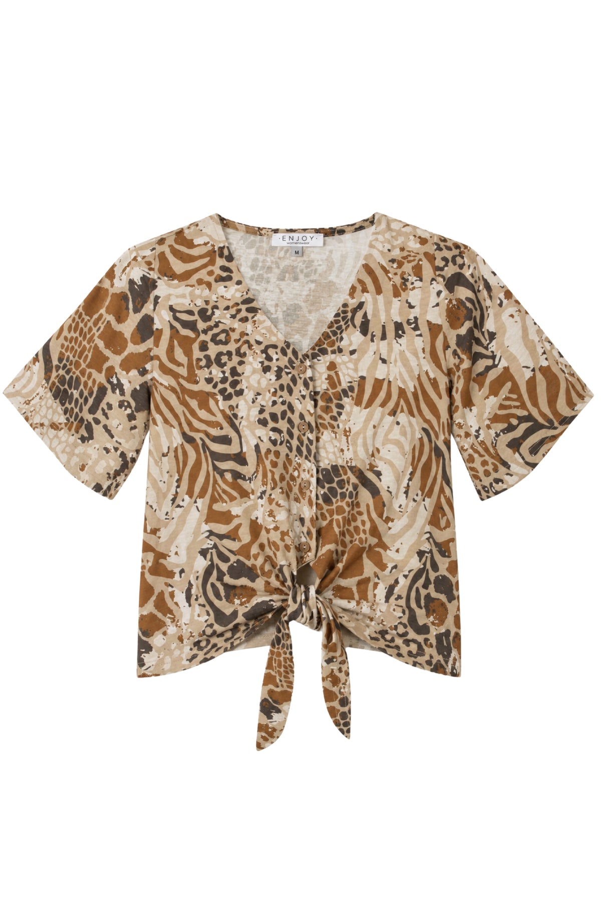 Enjoy blouse met dierenprint in zandkleur, stijlvolle strikdetail en zachte stof, perfect voor een elegante look.