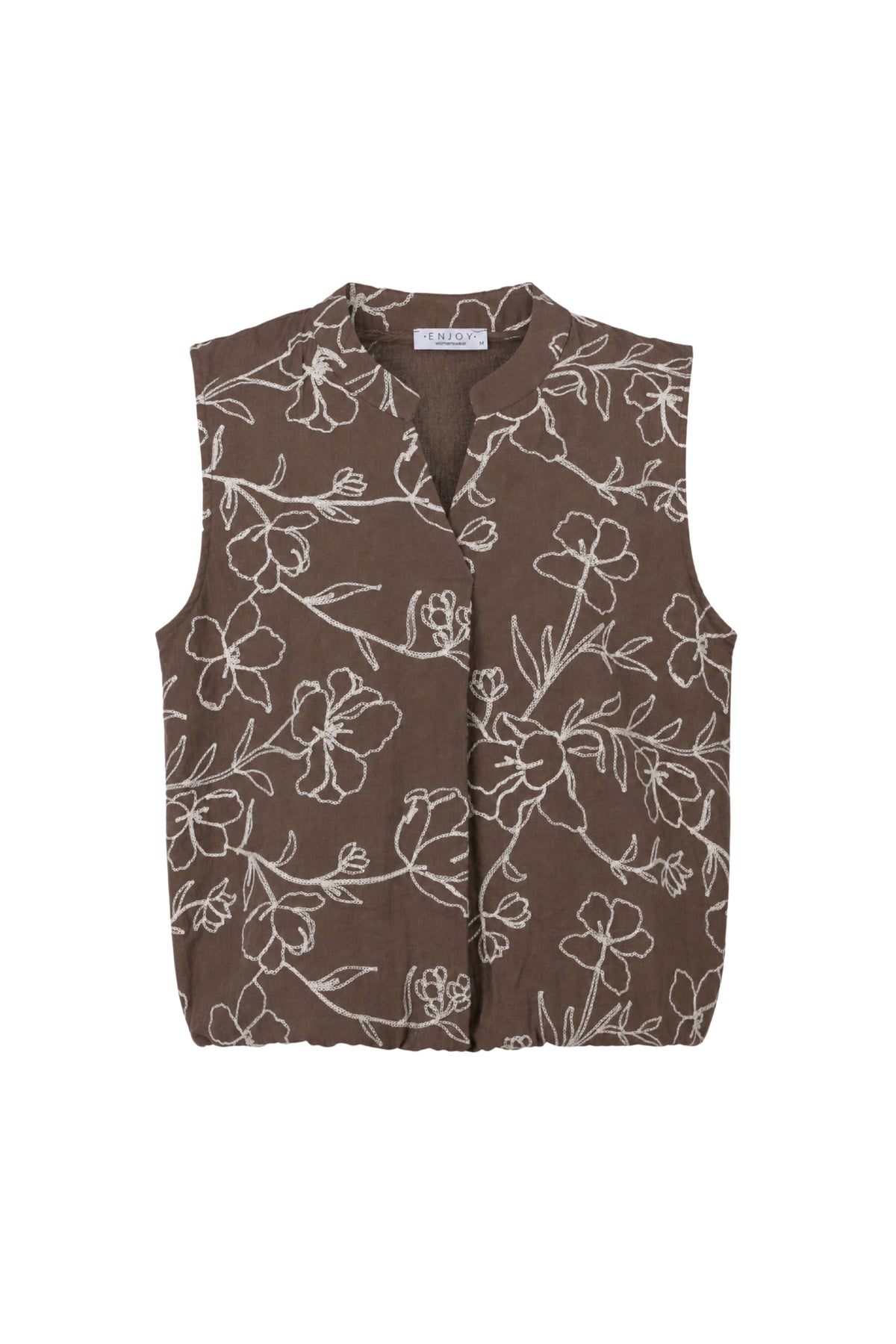 Bruine blouse met bloemenborduursel van Enjoy, stijlvolle en gedetailleerde damesblouse met bloemenpatroon.