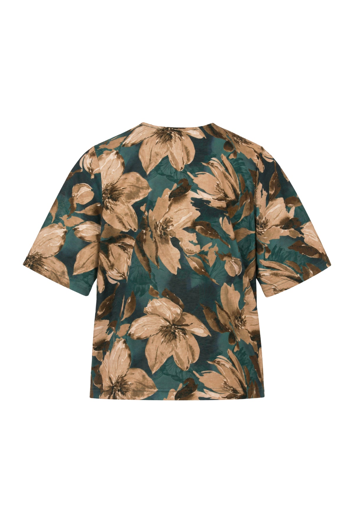 Taupe blouse met bloemenprint en strikdetails van Enjoy, getoond in een modieuze afbeelding.