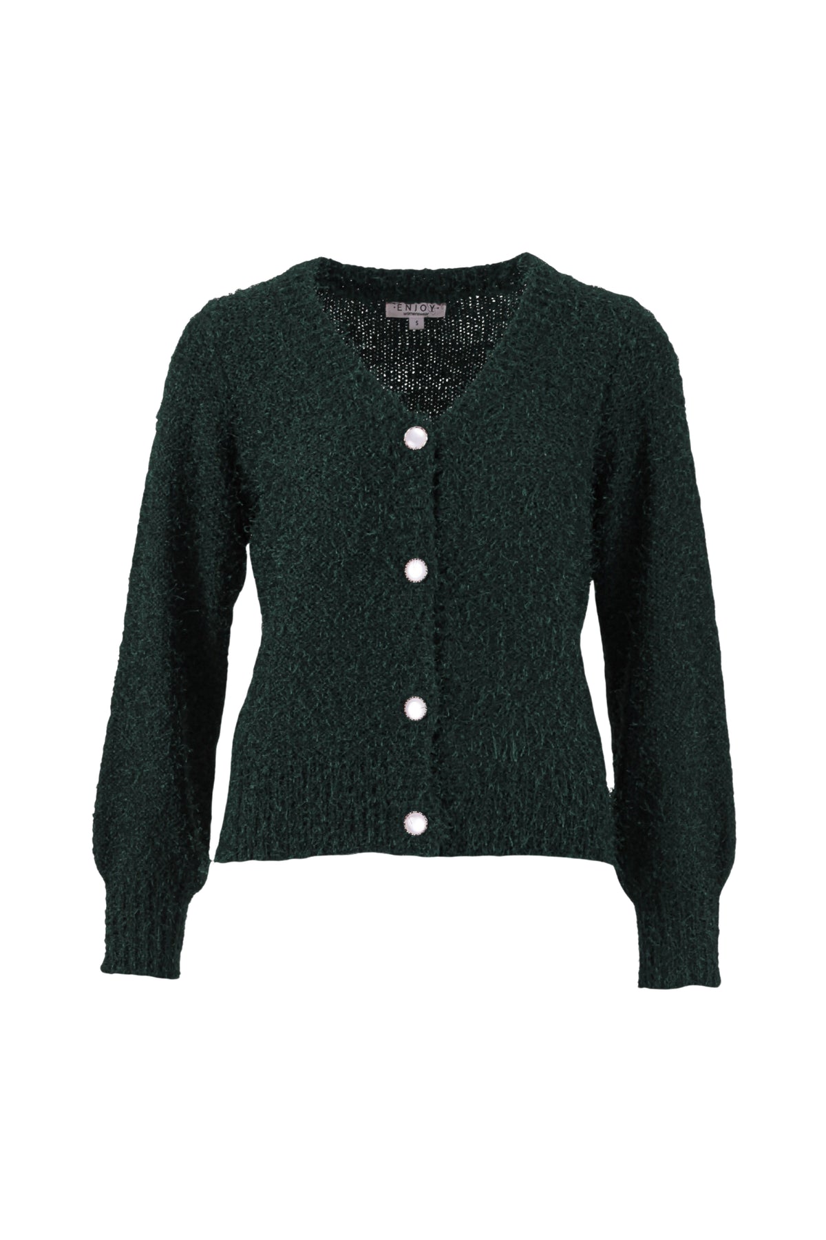 Lichte roze fluffy V-hals vest van Enjoy met bottleprint, zachte textuur en comfortabele pasvorm, gedragen door Monique.
