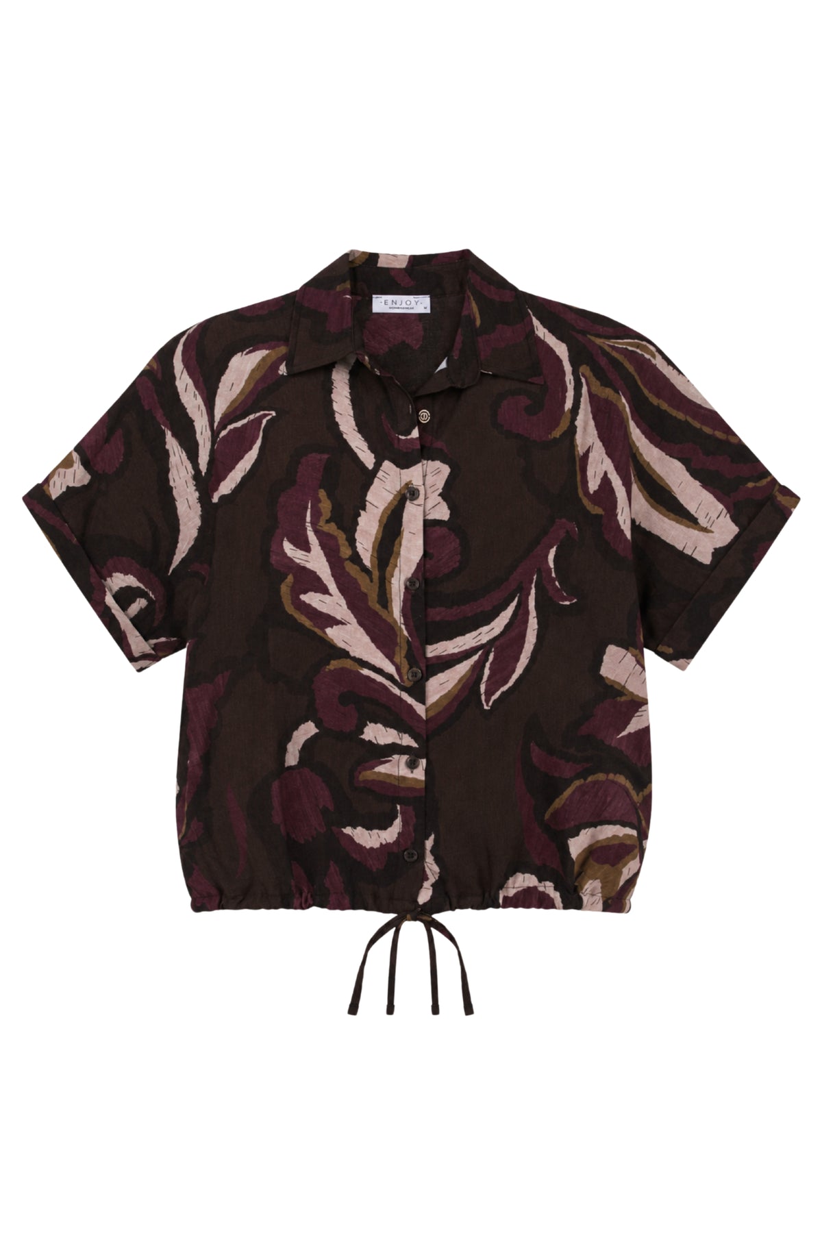 Blouse met bladprint en strikdetail van Enjoy, port, model MONIQUE, elegante damesblouse voor casual of formele gelegenheden
