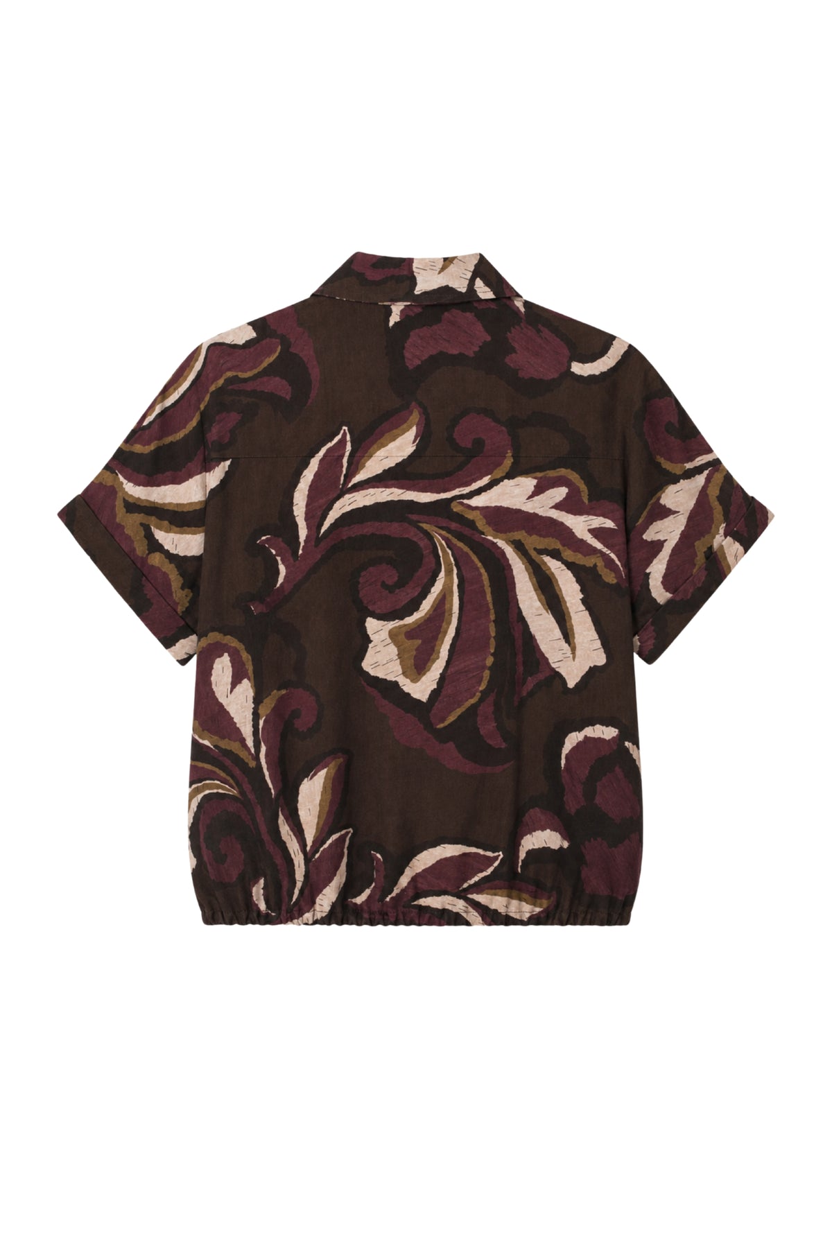 Enjoy blouse met bladprint en strikdetail, in een frisse portkleur, zichtbaar in de afbeelding.