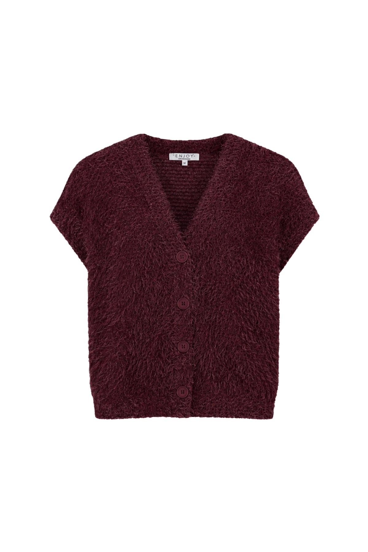 Lichtroze fluffy gilet van Enjoy, portemonneevormig met zachte textuur, gedragen door een model.