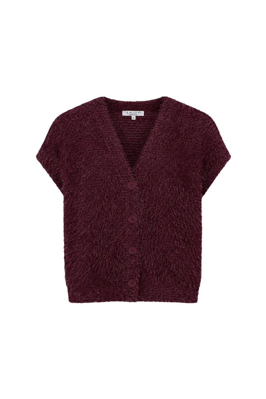 Lichtroze fluffy gilet van Enjoy, portemonneevormig met zachte textuur, gedragen door een model.