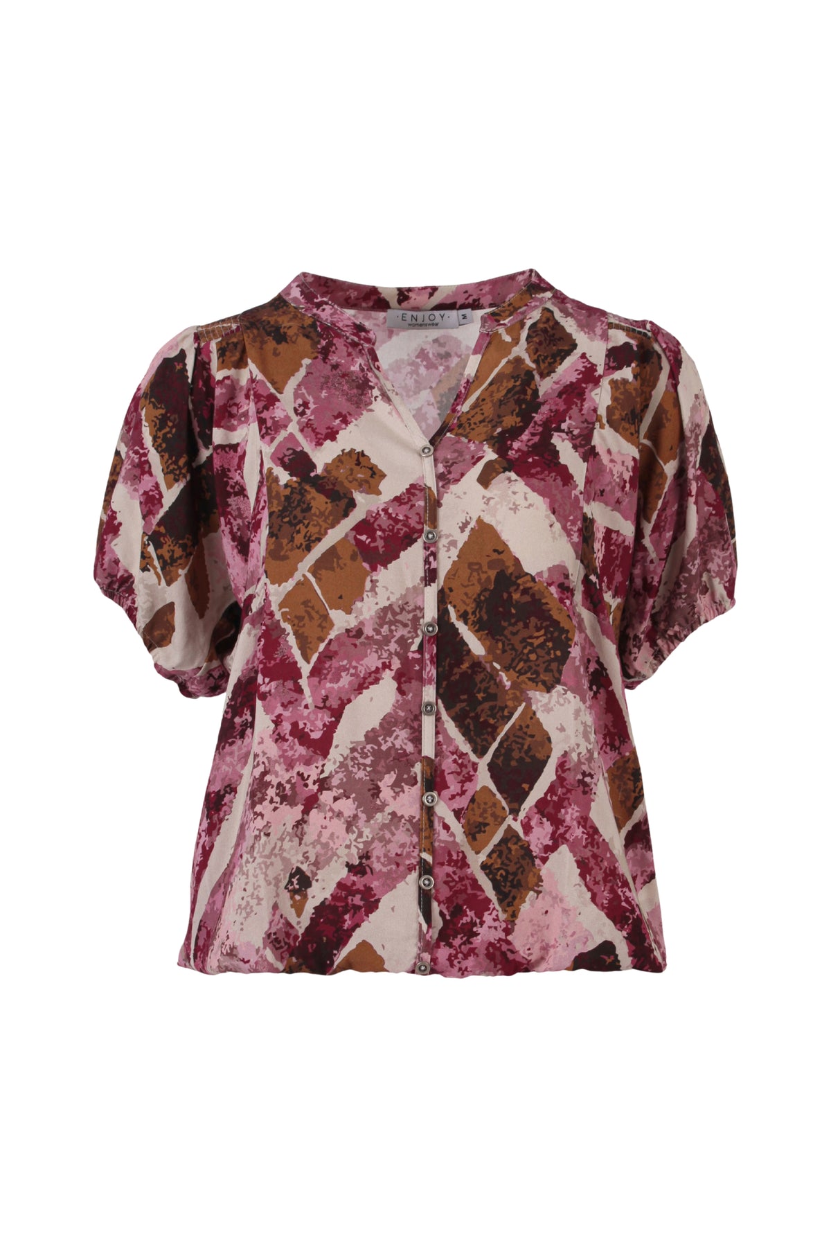 Grafische batik blouse met ruitprint van Enjoy, modieuze damesblouse met kleurrijk patroon en losse pasvorm.