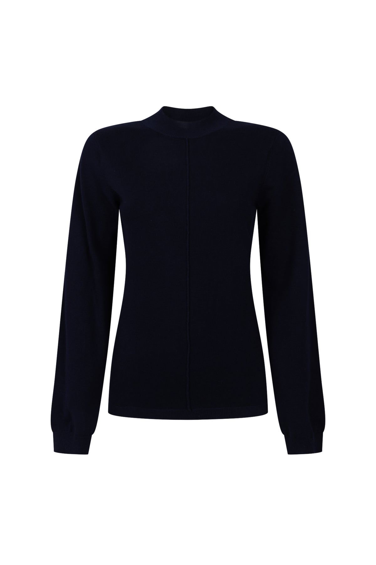 Zoso Kim Navy sweater met ronde hals en lange mouwen, gedragen door een model, op een lichte achtergrond.