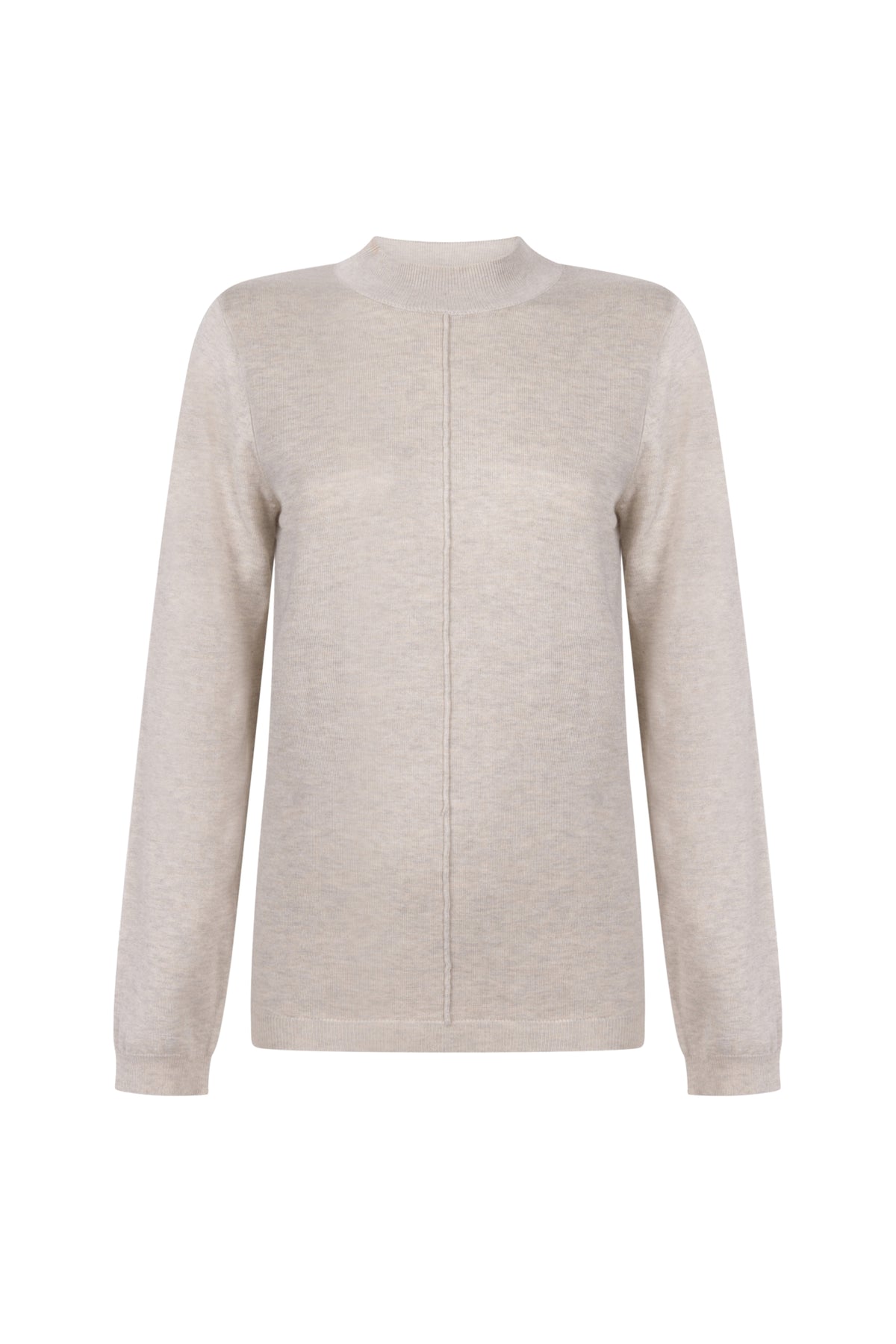 Zoso Kim beige sweater met ronde hals en lange mouwen, gedragen door model op witte achtergrond.