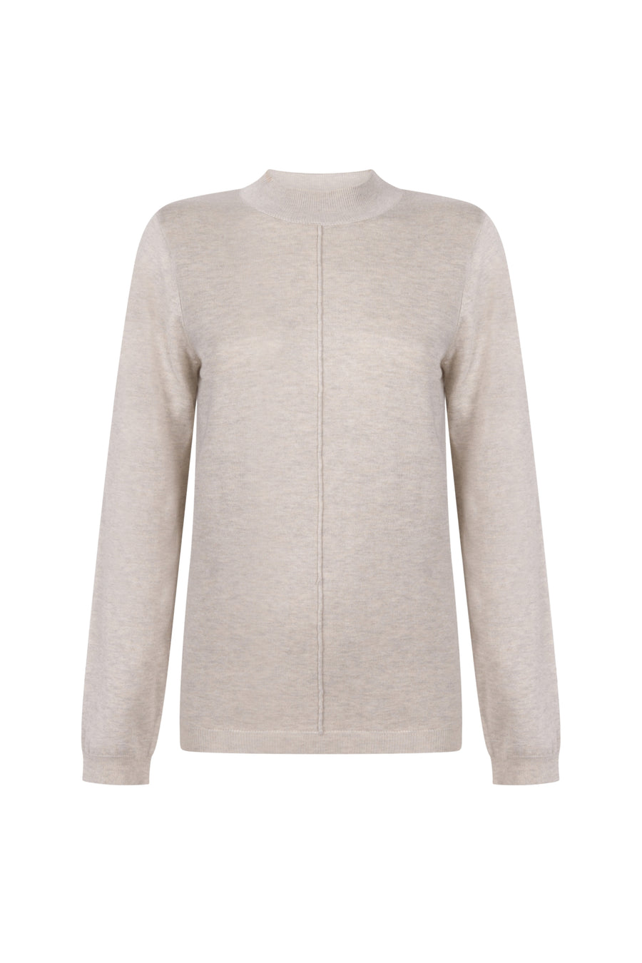 Zoso Kim beige sweater met ronde hals en lange mouwen, gedragen door model op witte achtergrond.