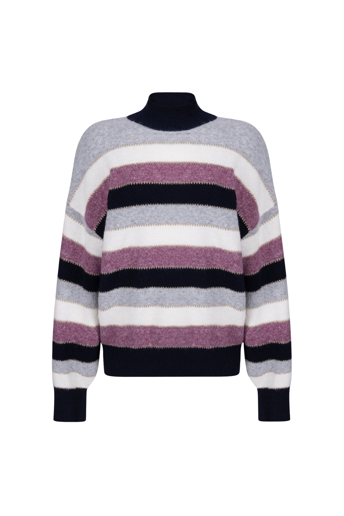 Zoso Lesly navy violet trui met lange mouwen en ronde hals, gedragen door een model.