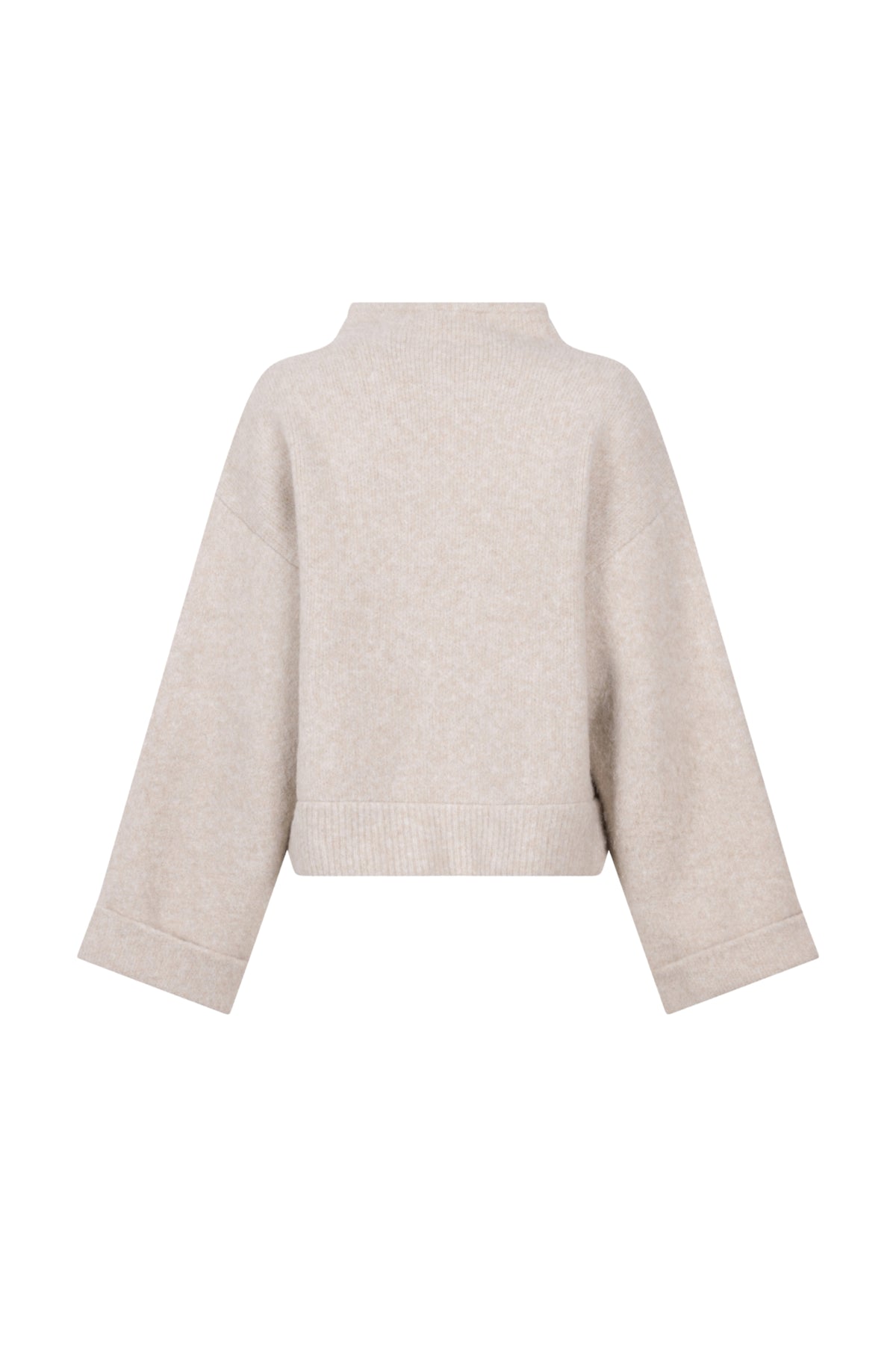 Zoso Maggy beige melange jas met ritssluiting en kraag, gedragen door een model, close-up van de textuur en pasvorm.