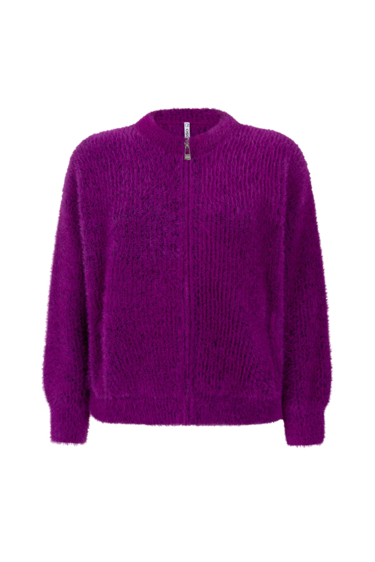 Zoso Morgan Violet 265 vest met lange mouwen en ronde hals, in een zachte paarse kleur, gedragen door een model.