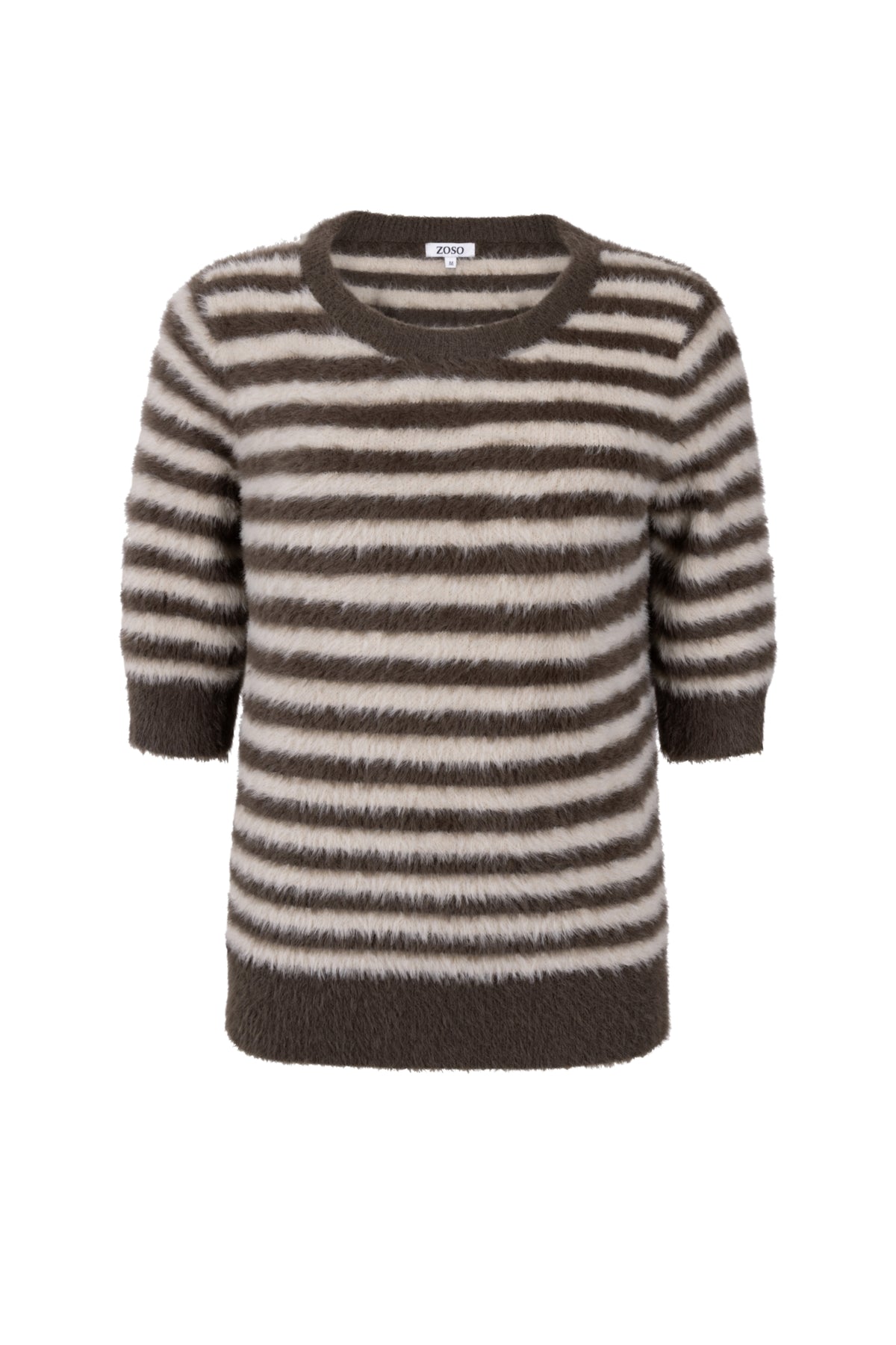 Zoso Pamela offwhite en groene trui met ronde hals en lange mouwen, casual en comfortabel.