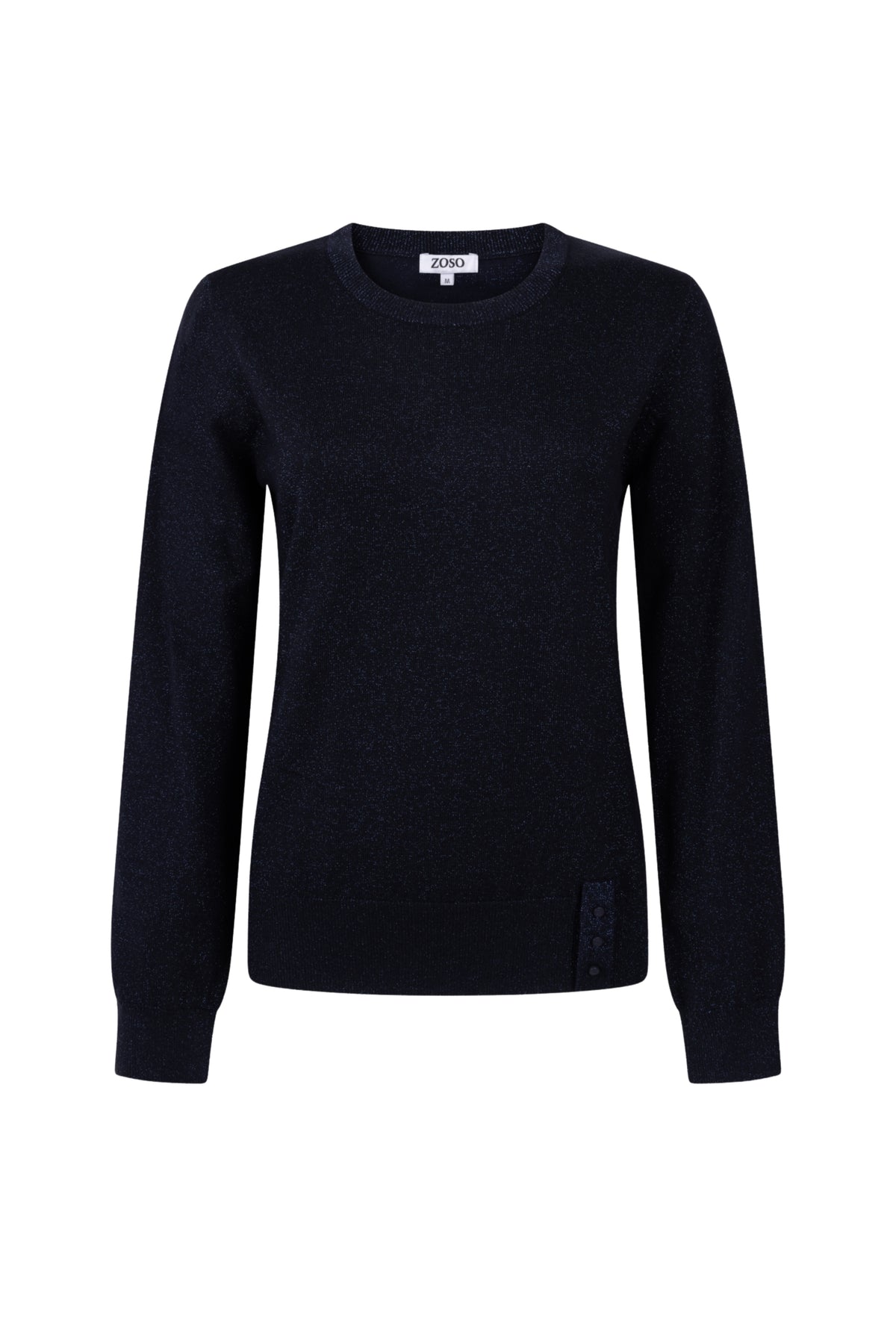 Zoso Ruby Navy trui voor dames, donkerblauw met comfortabele pasvorm, zichtbaar op afbeelding.