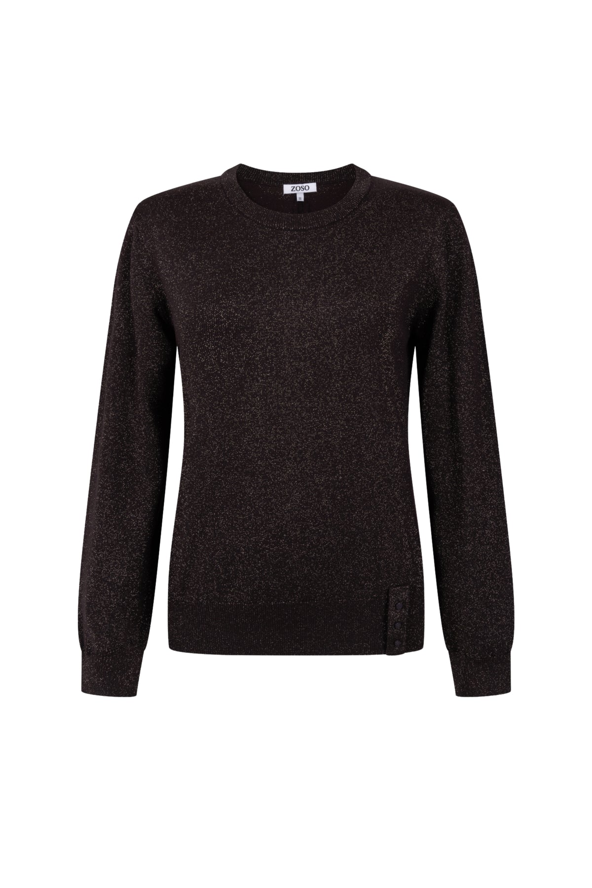 Zoso Ruby Espresso trui, warme knitwear met ronde hals en lange mouwen, getoond in een close-up foto.