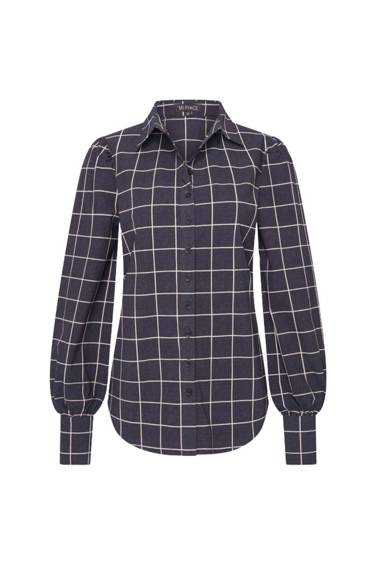 Lichte reisblouse van Mi Piace met navy check print, losvallend model, geschikt voor comfortabel reizen en casual dagelijks gebruik.