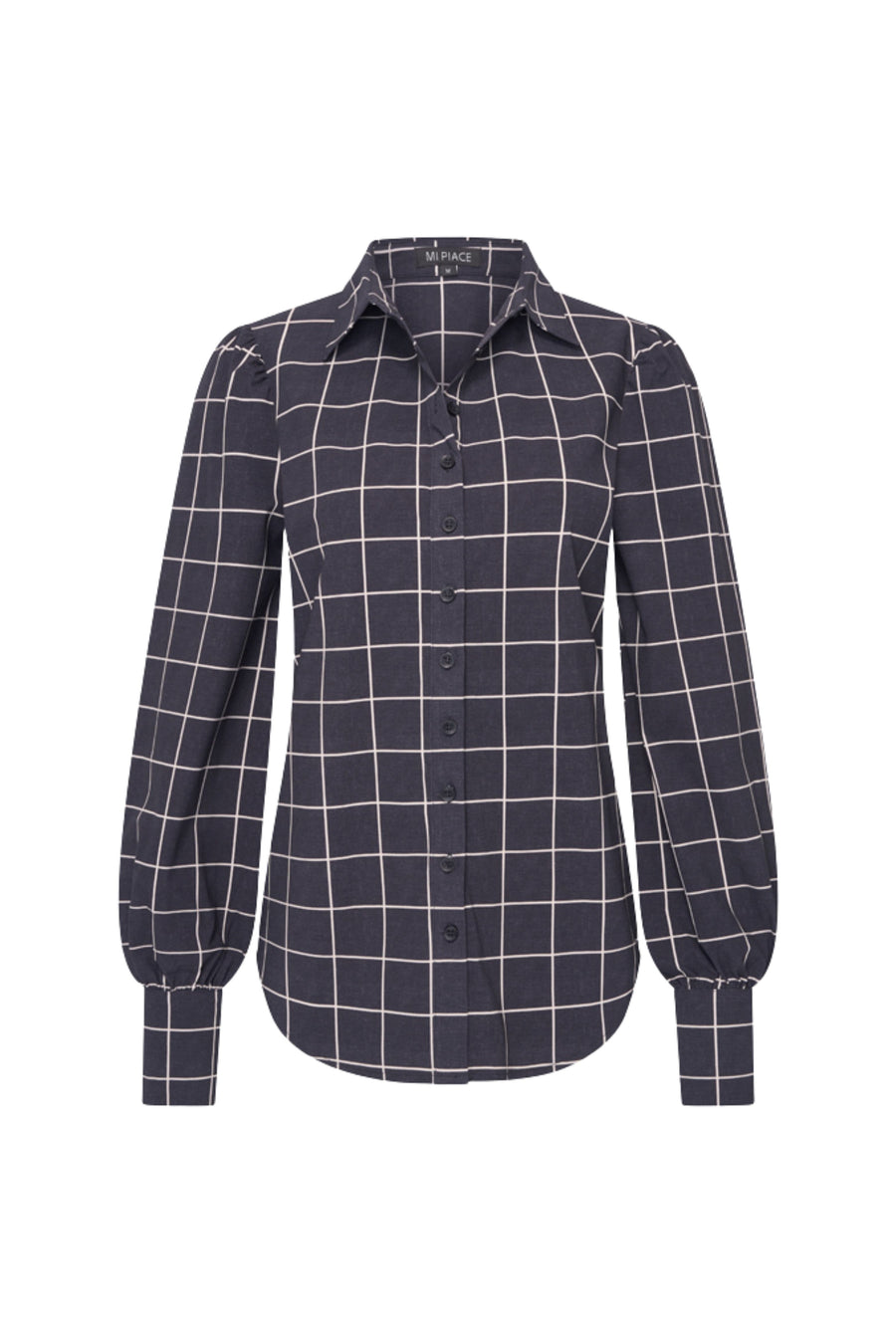 Lichte reisblouse van Mi Piace met navy check print, losvallend model, geschikt voor comfortabel reizen en casual dagelijks gebruik.