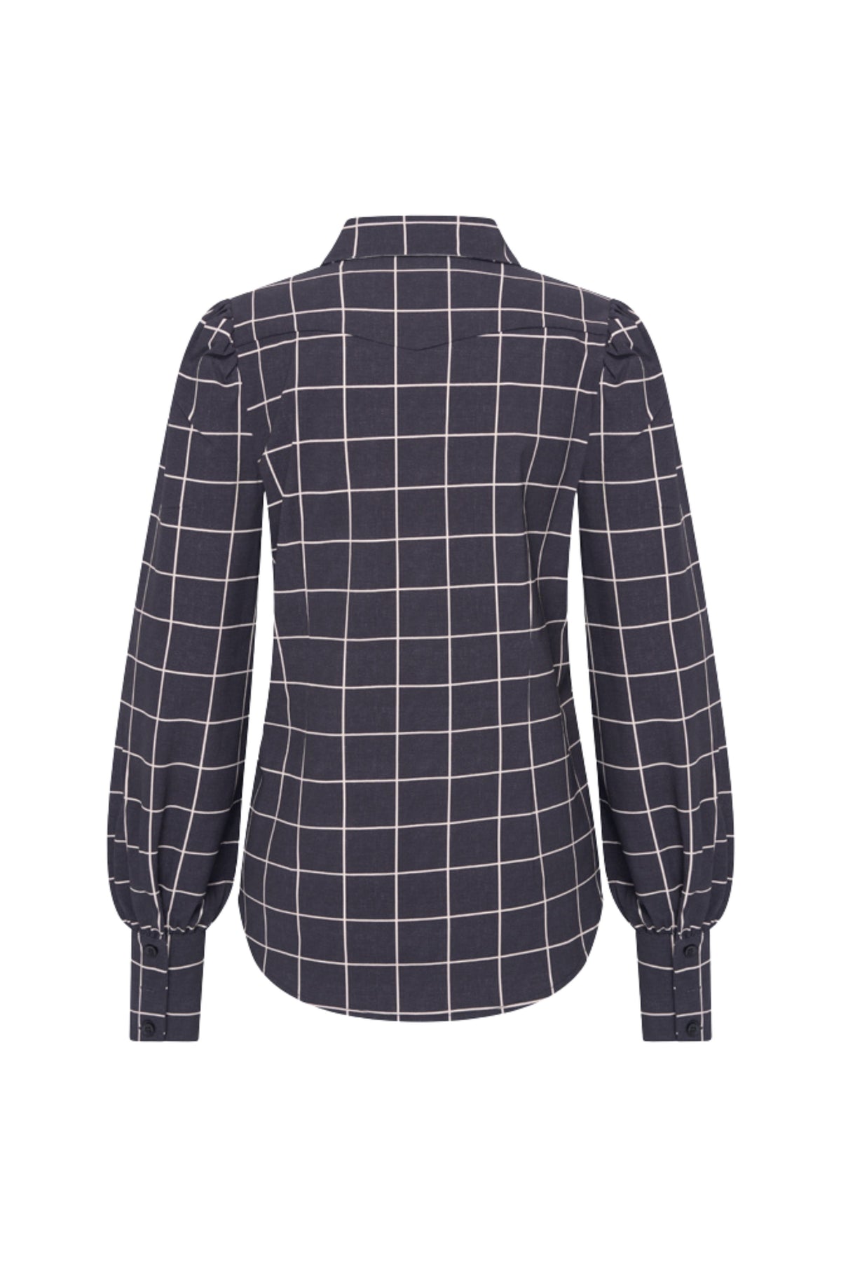 Mi Piace reisblouse met clean check print in navy, licht en comfortabel voor reizen en dagelijks gebruik.