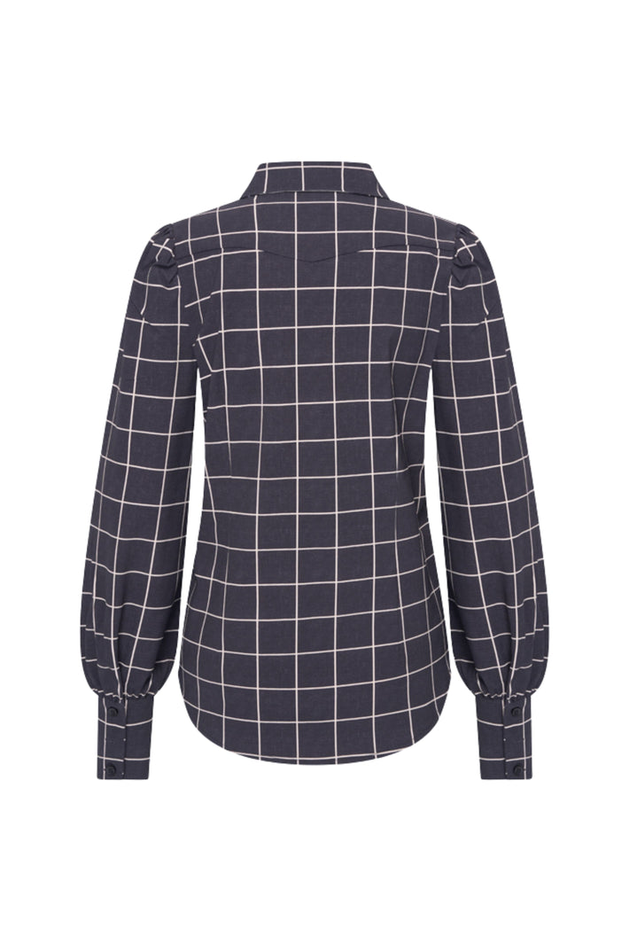Mi Piace reisblouse met clean check print in navy, licht en comfortabel voor reizen en dagelijks gebruik.