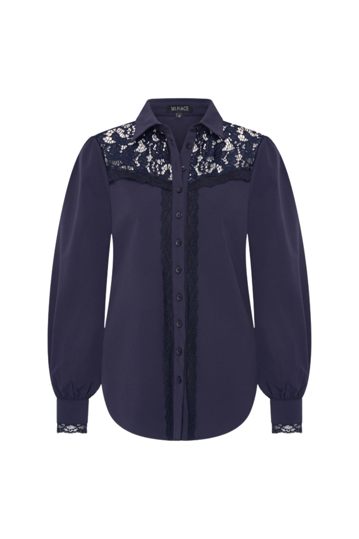 Elegante navy blauwe reisblouse met kant van Mi Piace, stijlvolle blouse voor reizen en speciale gelegenheden.