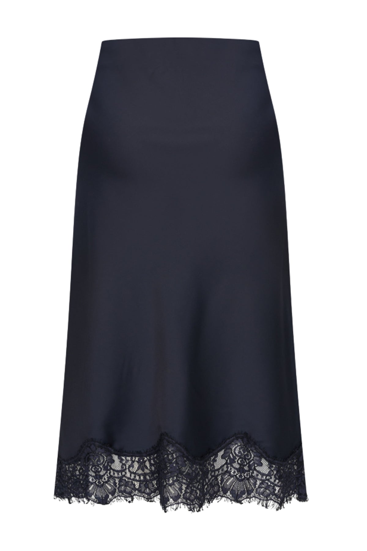 Zijden satijnen rok met kanten details in navyblauw van Mi Piace, elegant en geschikt voor speciale gelegenheden.