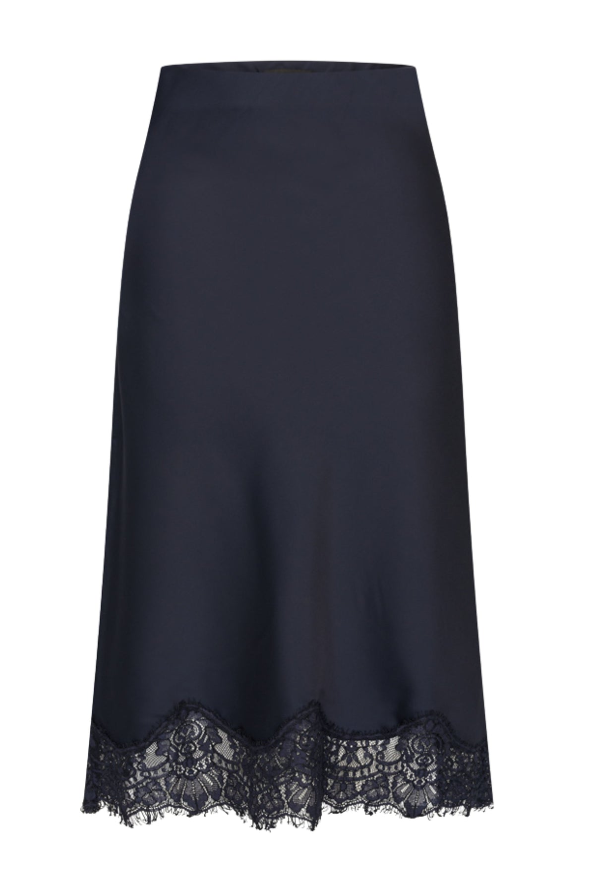 Lichte navy satijnen rok met kanten details van Mi Piace, elegant en vloeiend, ideaal voor speciale gelegenheden.