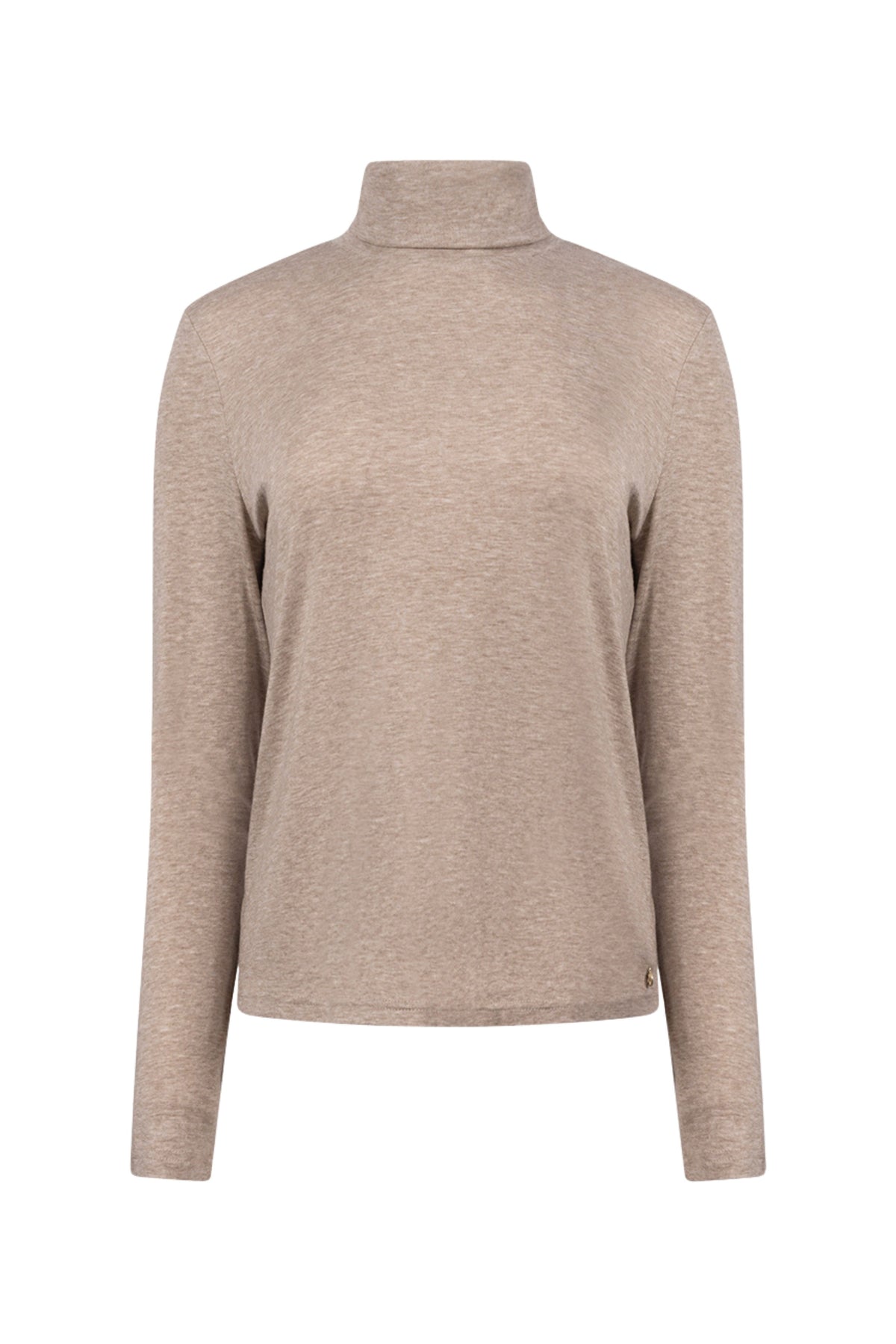 Taupe Nukus Ginny trui met lange mouwen en ronde hals, gedragen door een model op een neutrale achtergrond.