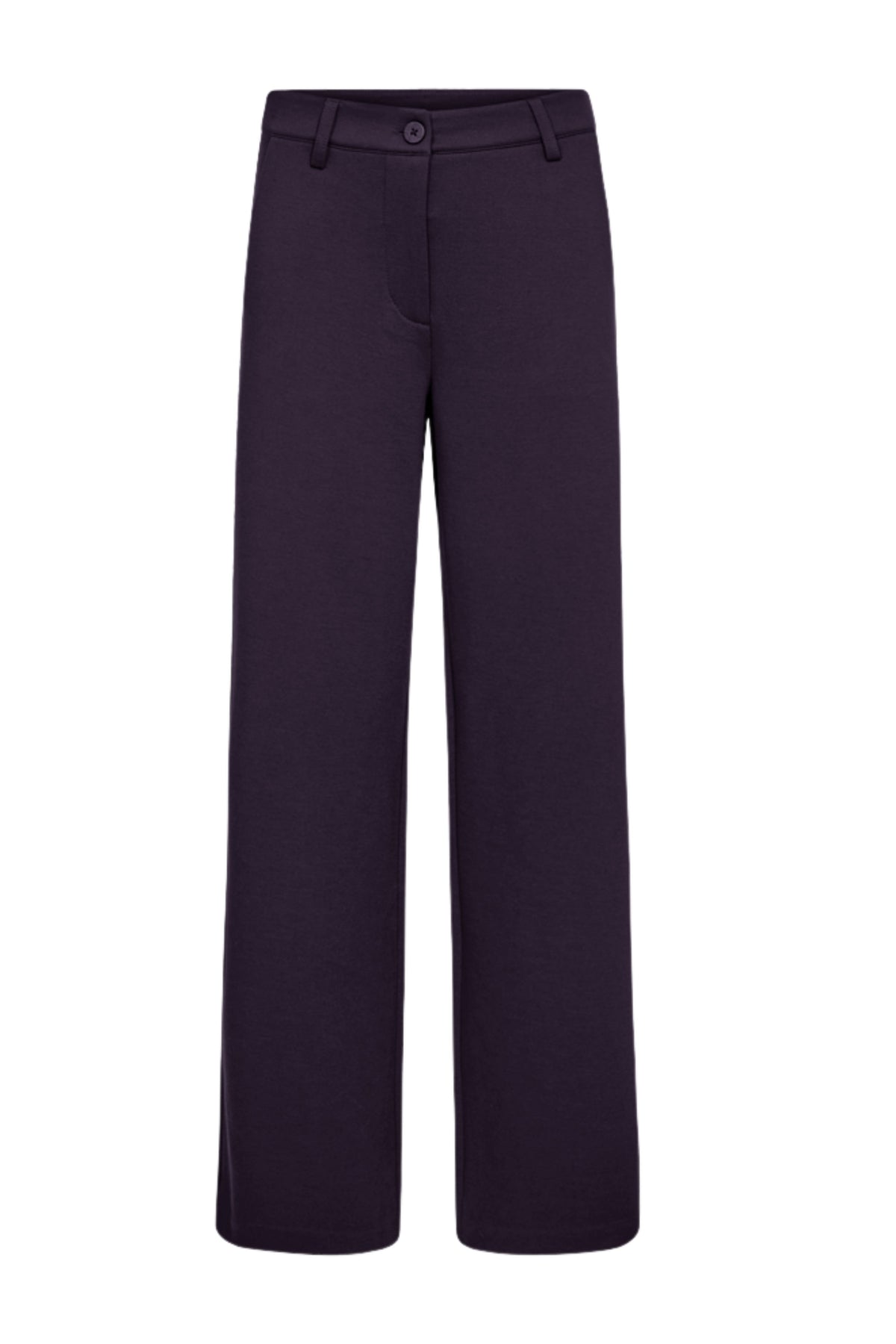 Donkere broek van Freequent Fqnanni Nightshade met een comfortabele pasvorm en smalle snit, gedragen door een model.