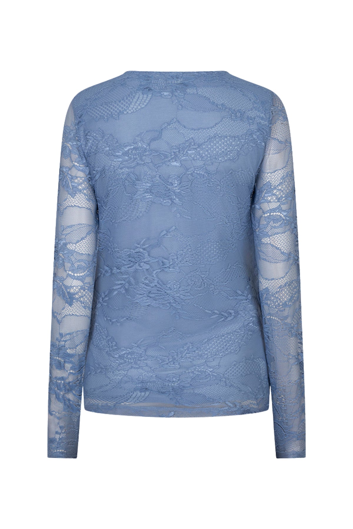Luchtblauwe lace top van EsQualo, W26.30724, met delicatien details en een elegante pasvorm, zichtbaar op de afbeelding.