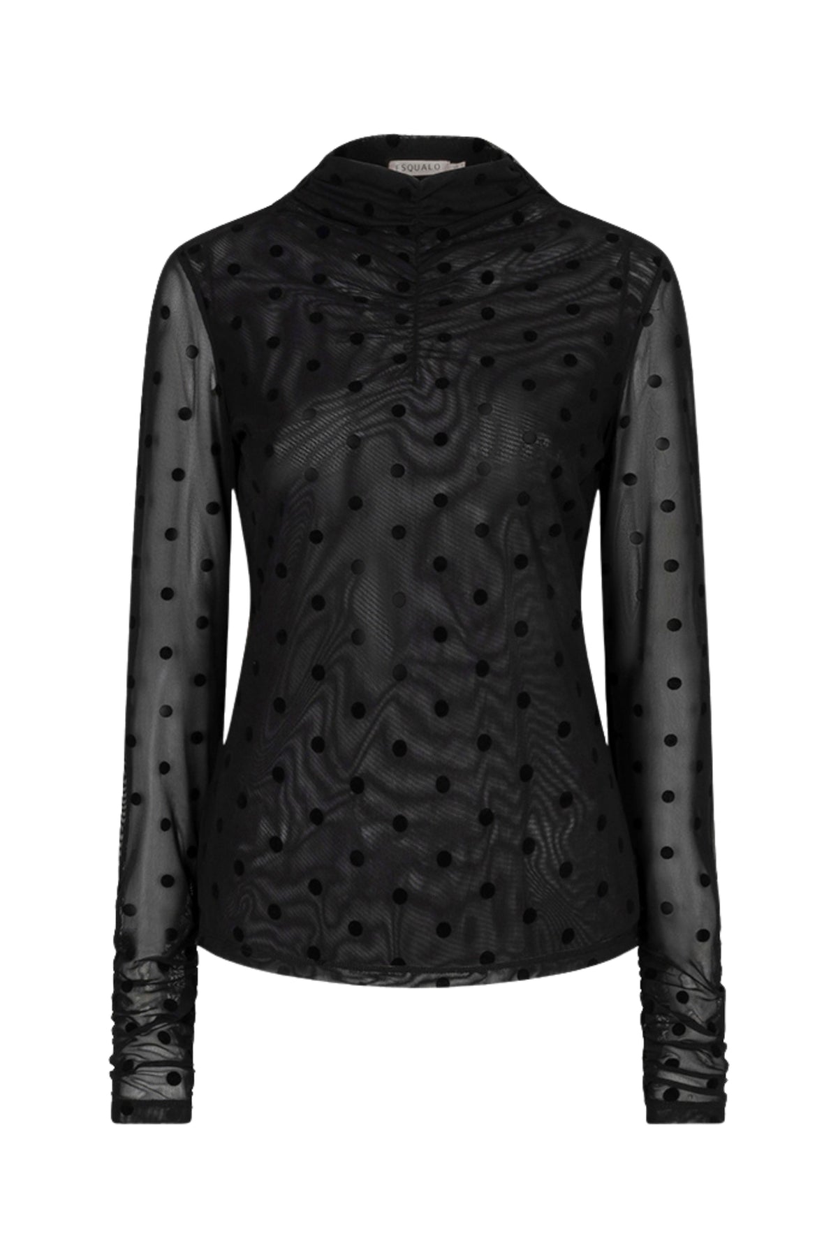 Zwart mesh top met polkadots van EsQualo, model W26.30710, zichtbaar met details van het patroon en de stof.