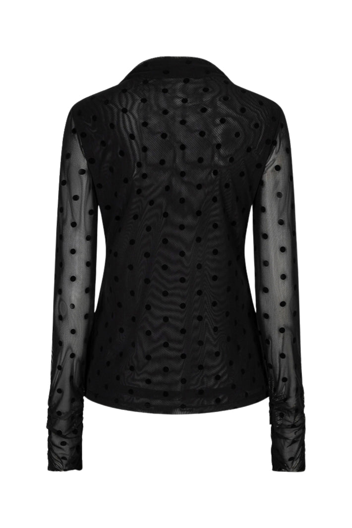 Zwart mesh top met polkadots van EsQualo, modieus en ademend, gedragen door een model.