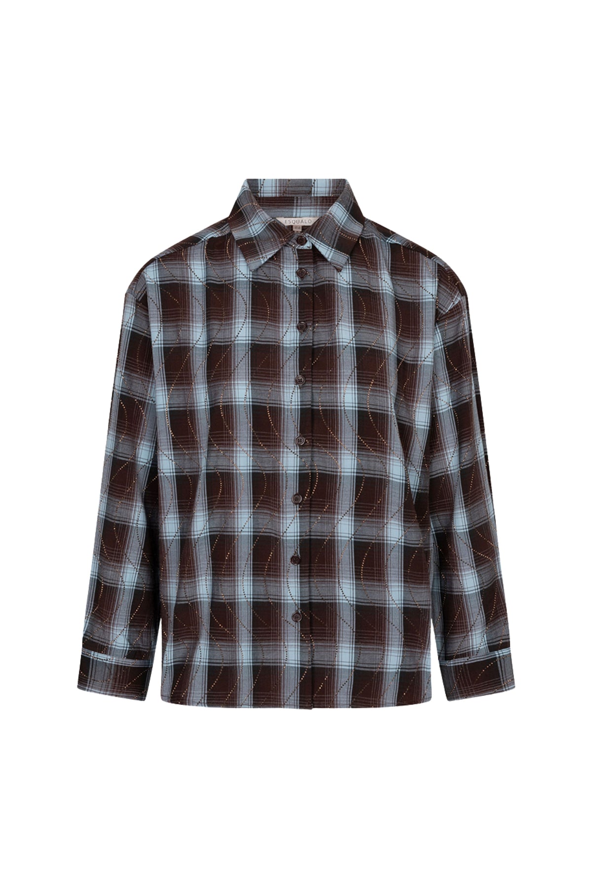 Blouse van EsQualo met ruitpatroon en strassprint, model W26.28723, zichtbaar met details van de print en stof.