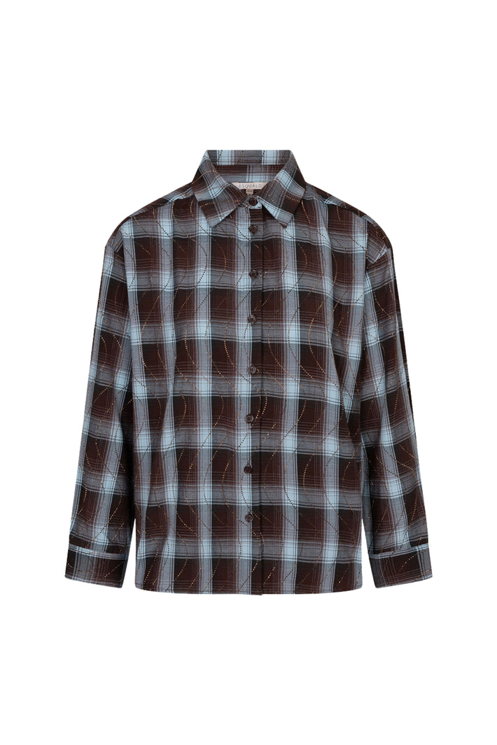 Blouse van EsQualo met ruitpatroon en strassprint, model W26.28723, zichtbaar met details van de print en stof.
