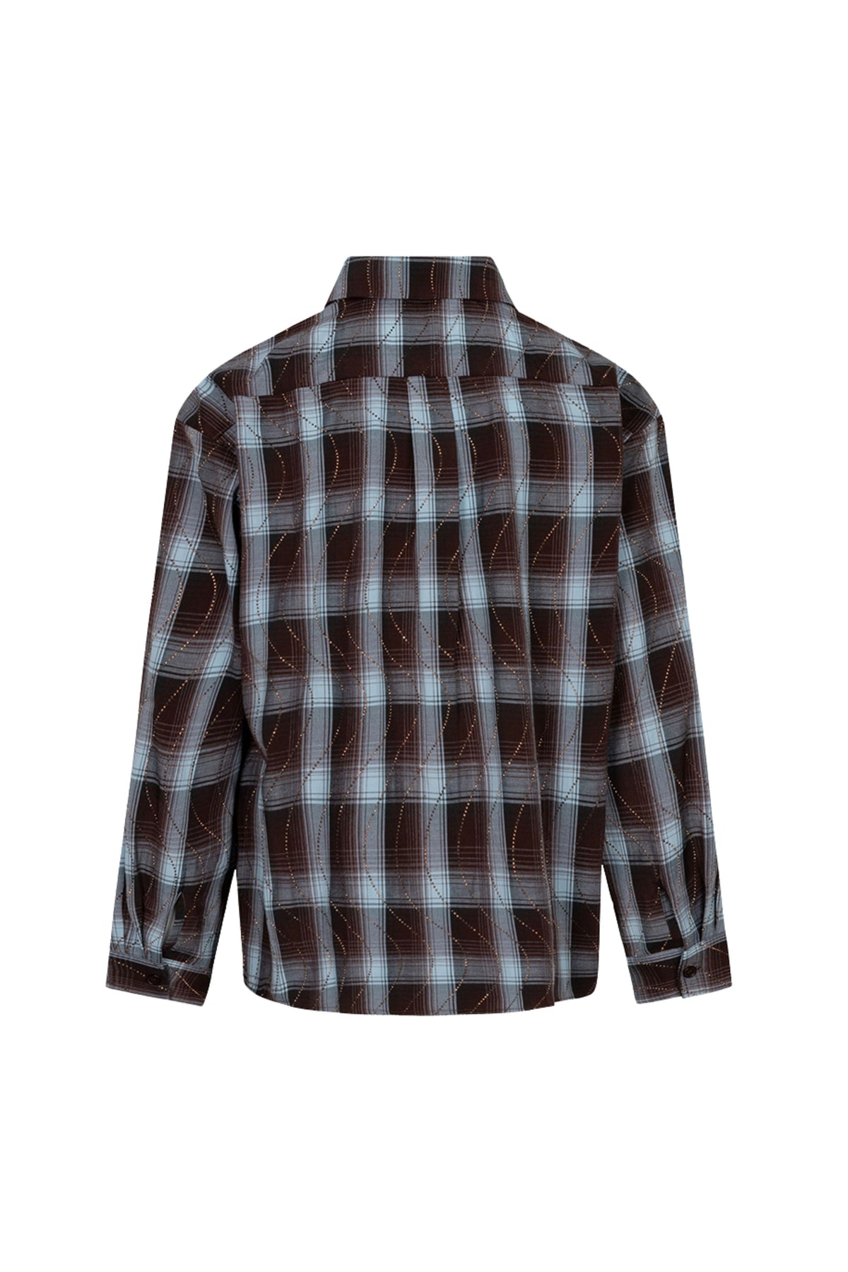 Blouse van EsQualo met ruitpatroon en strassprint, model W26.28723, gedragen door model op de foto.