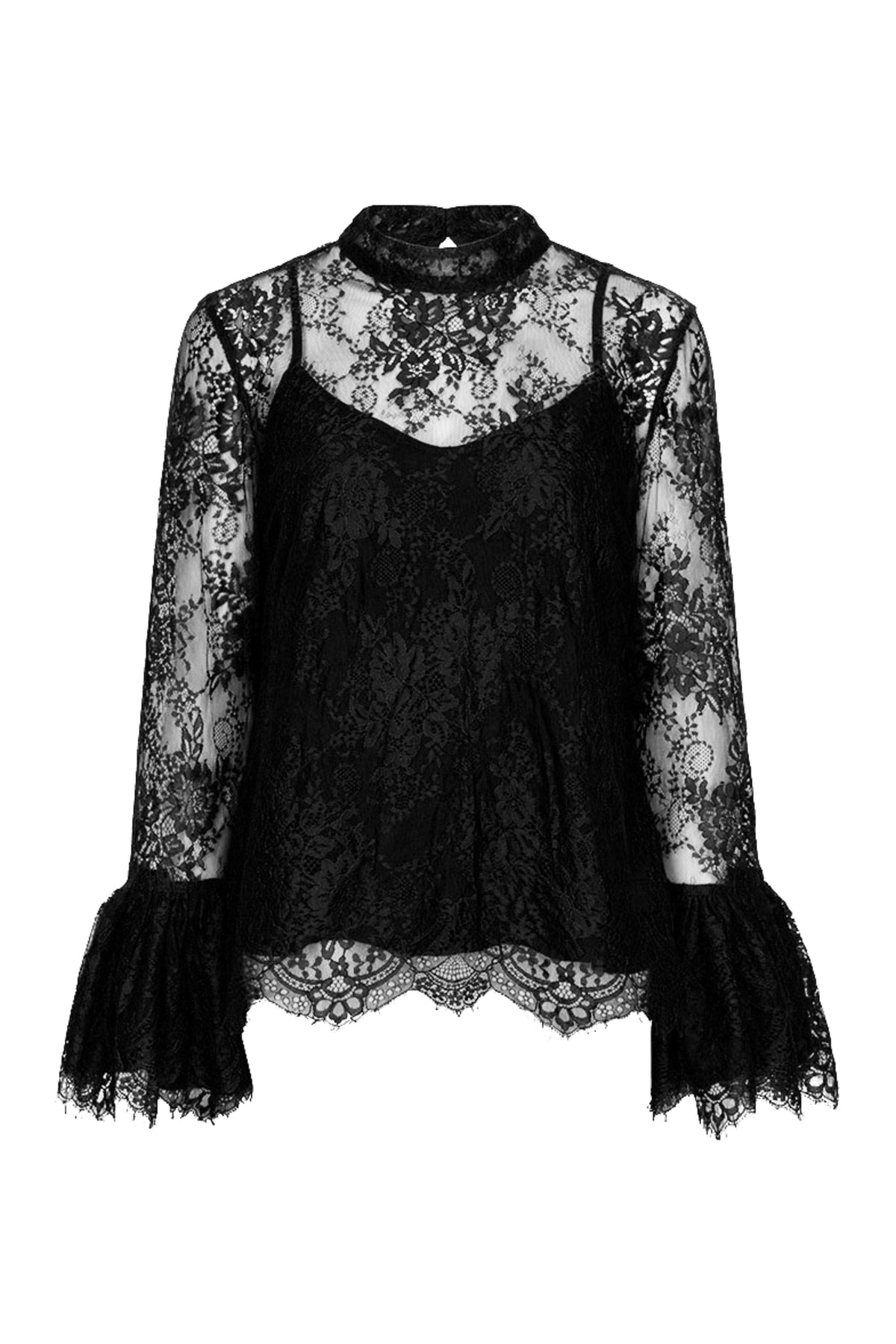 Zwarte blouse met tulpkimooien en kantdetails van EsQualo, model Monique, voor elegante en stijlvolle uitstraling.