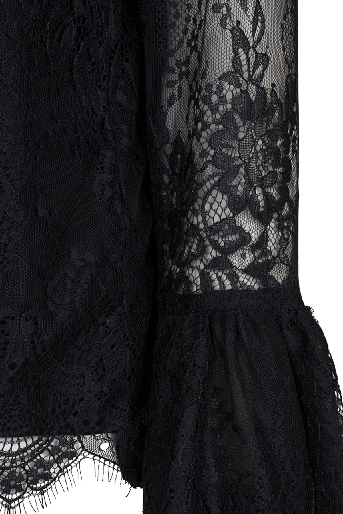 Zwarte kanten blouse met trompetmouw van EsQualo, getoond in een close-up, met elegante details en een flatterend silhouet.