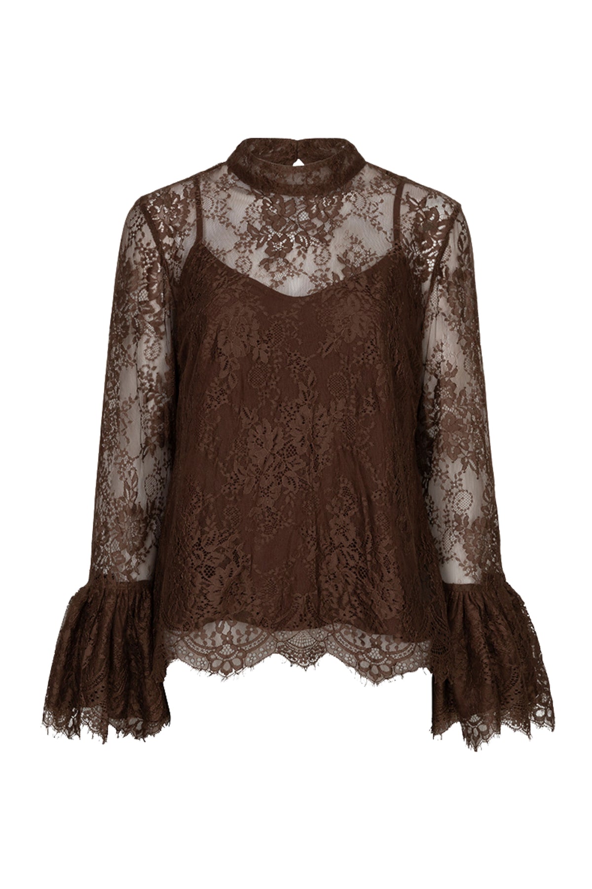 Zwarte blouse met trompetmouwen en kanten details van EsQualo, model Monique, elegante damesblouse voor speciale gelegenheden