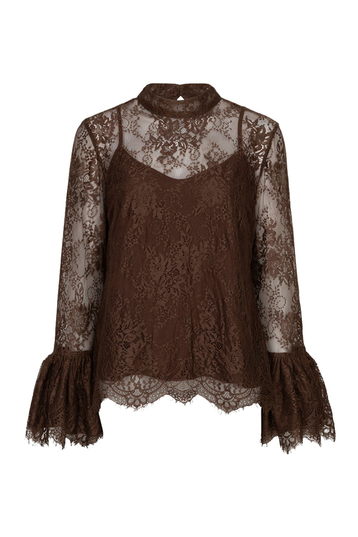 Zwarte blouse met trompetmouwen en kanten details van EsQualo, model Monique, elegante damesblouse voor speciale gelegenheden