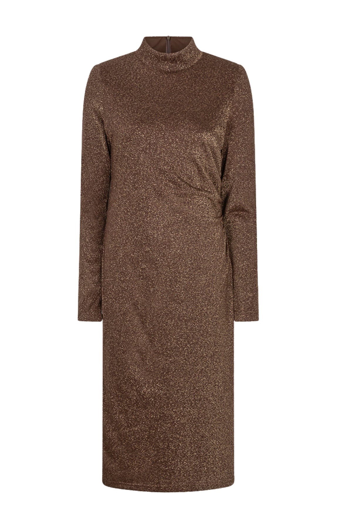 Zwarte stretch jurk van EsQualo met lurex details en gather styling, geschikt voor feestelijke gelegenheden.