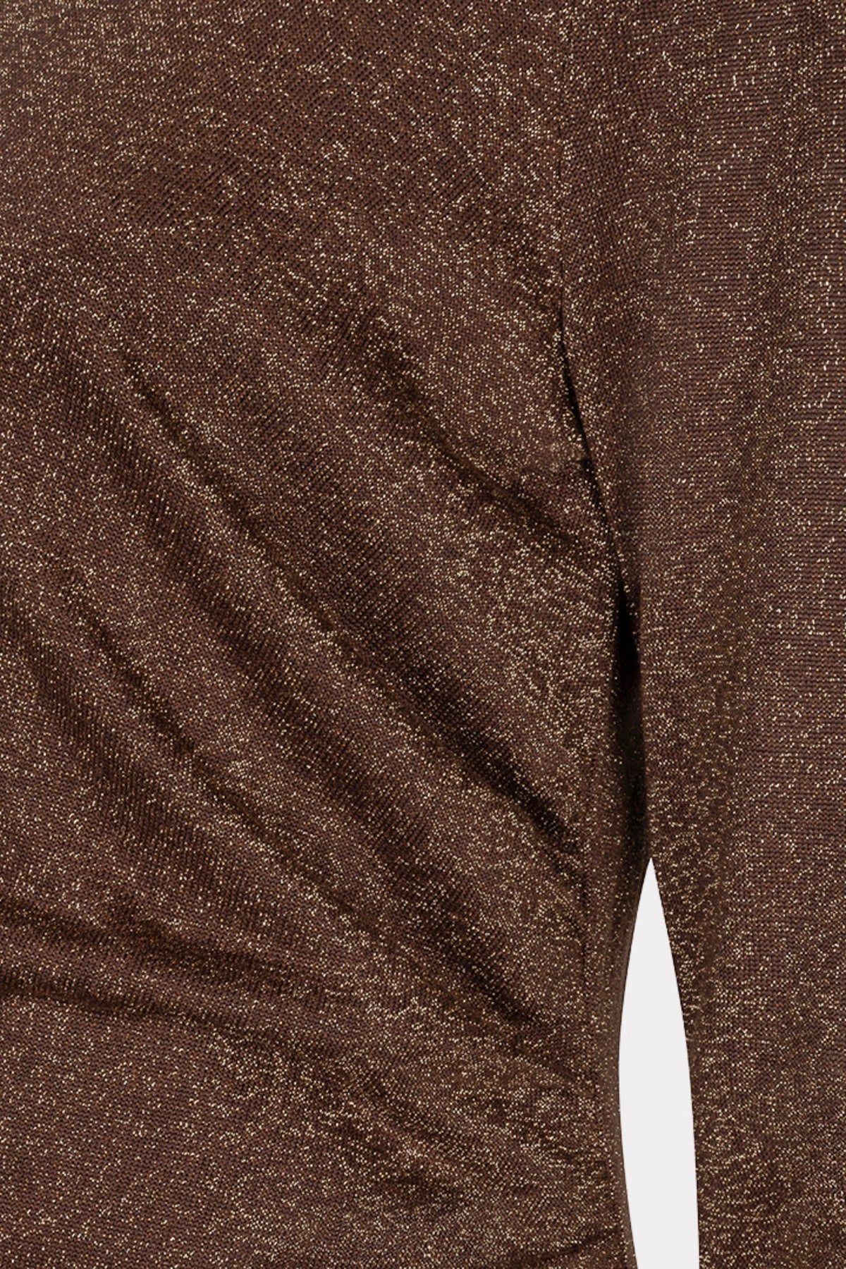 Luxe goudkleurige stretch jurk van EsQualo met gathering en lurex details in koffiebruin, voor elegante gelegenheden