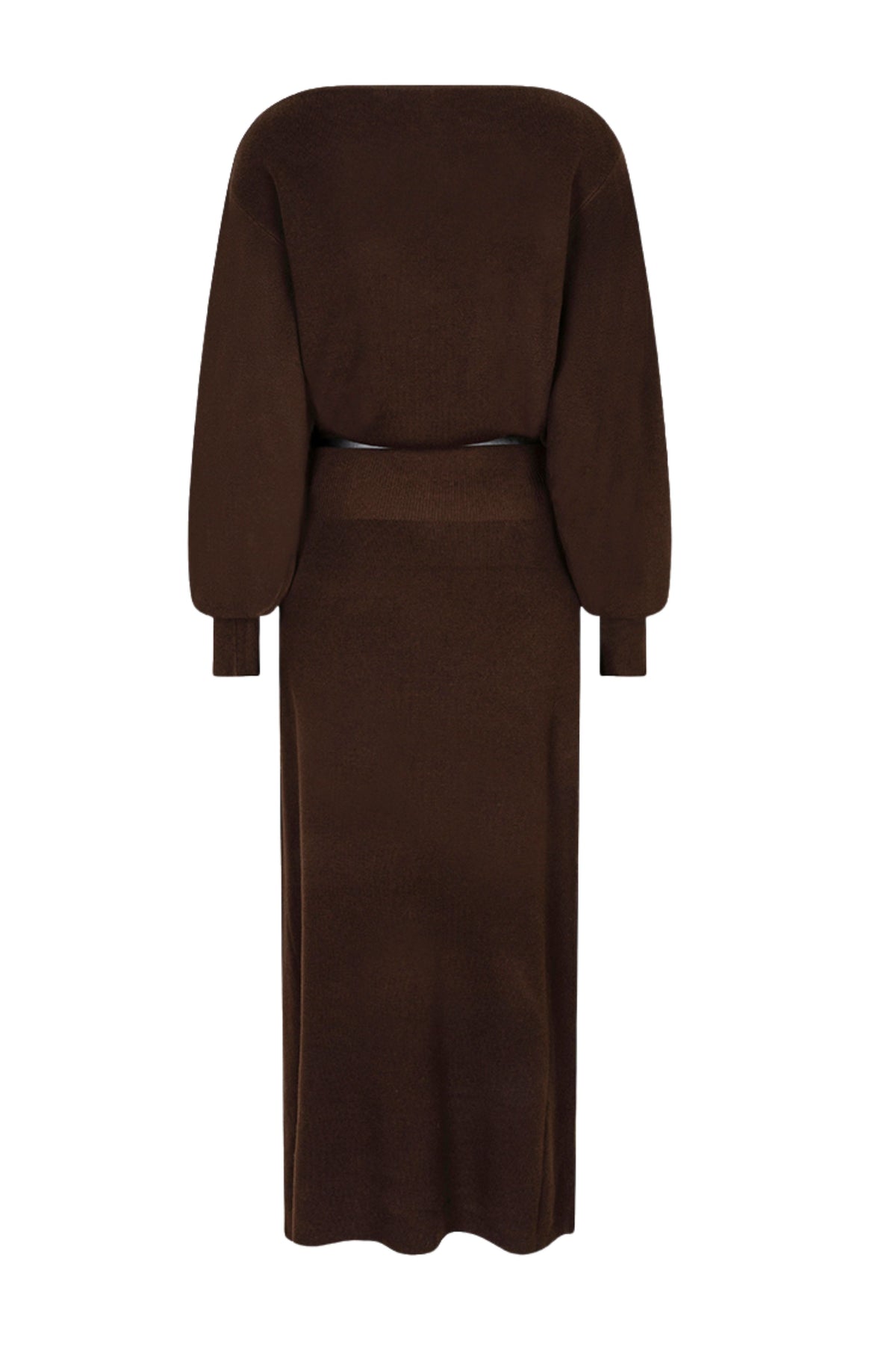 Donkere bruin lange jurk met boatneck van EsQualo, gebreide stof, elegante pasvorm, geschikt voor casual en formele gelegenheden.