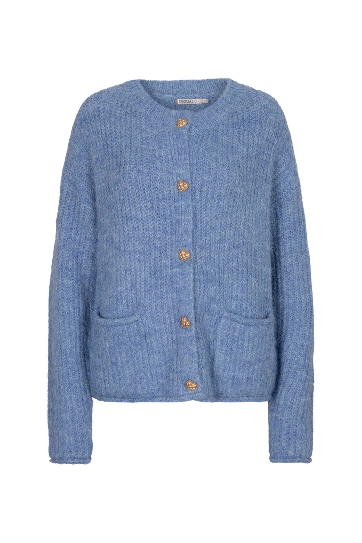 Donkerblauwe feestelijke vest met knopen van EsQualo, getoond op de website, in close-up op een model.