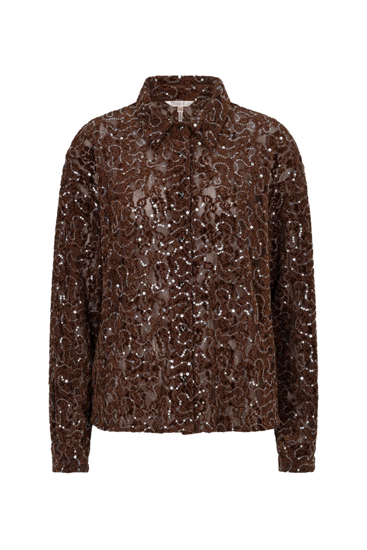 Zwarte blouse van velvet met kanten en sequins, door EsQualo, korte pasvorm en elegante uitstraling.